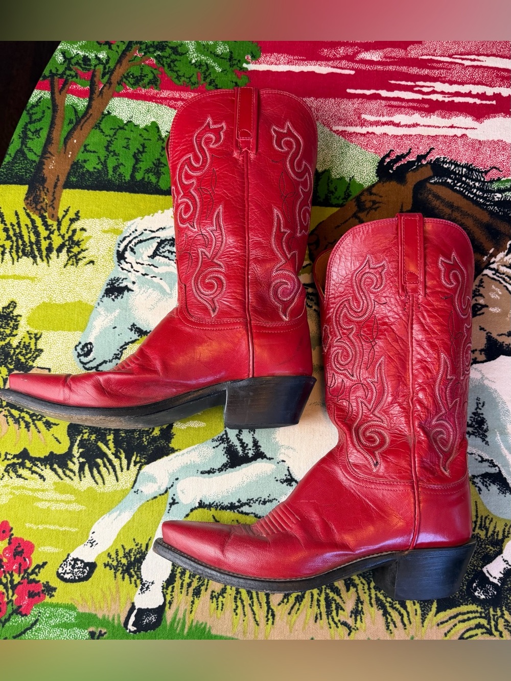 Vintage Lucchese 1883 Red Leather Cowboy Boots Snip-Toe Women's Size 8-8.5